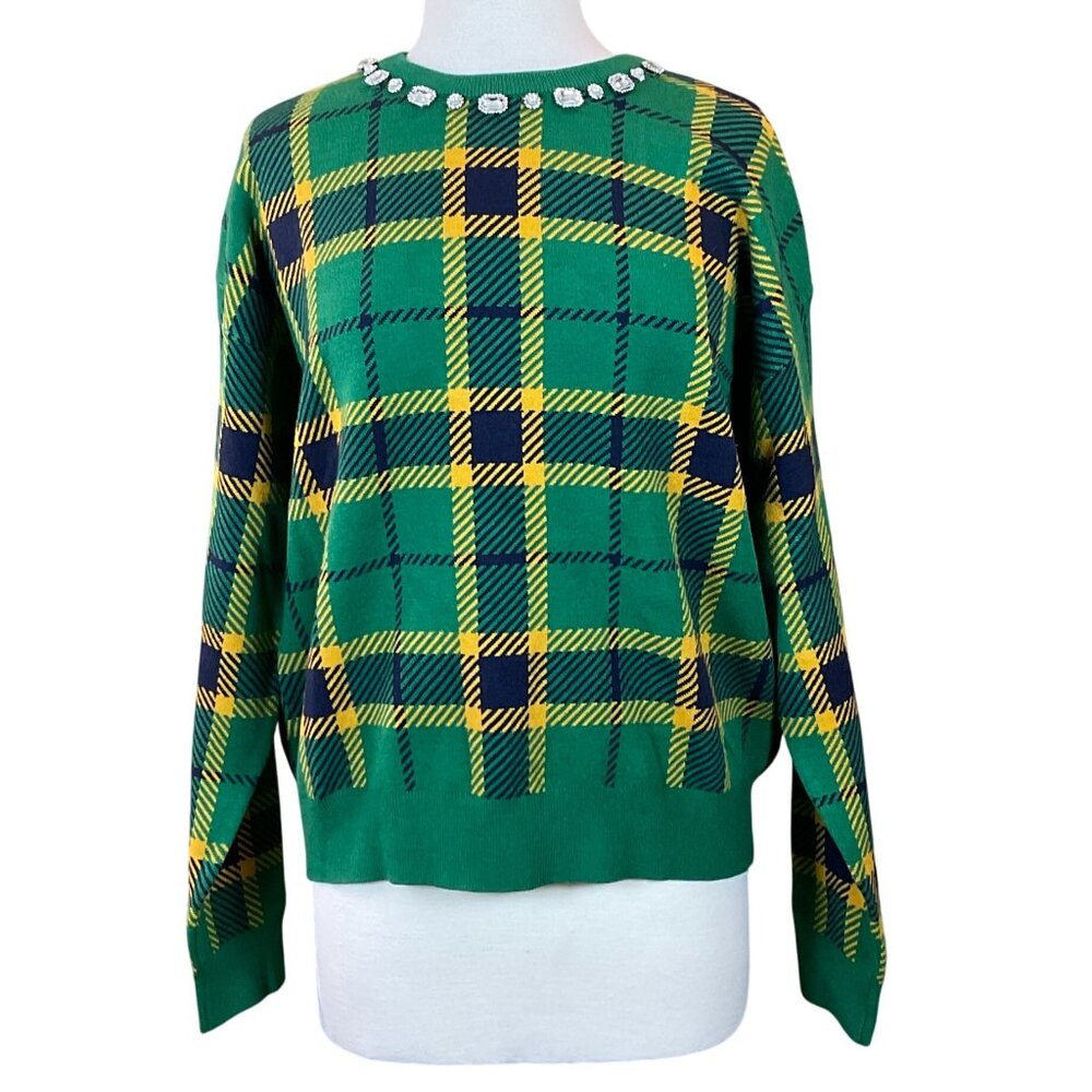 Rachel Zoe Long Sleeve Green Yellow Black Plaid Sweater Jeweled Neckline XL NWT